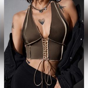 Lace Up Front Stitch Trim Halter Top